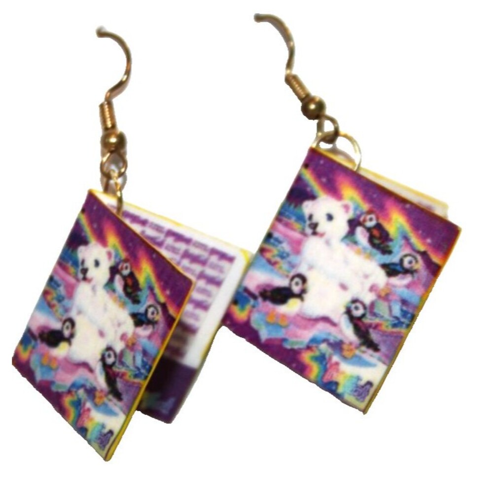 Lisa Frank Roary Polar Bear Penguins Square Dangle Rainbow Earrings Retro 90s